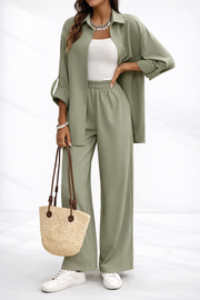 Set Office 2 Piese Casual cu Cămasă si Pantaloni Largi – Stil Lejer si Elegant pentru Tinute de zi cu zi