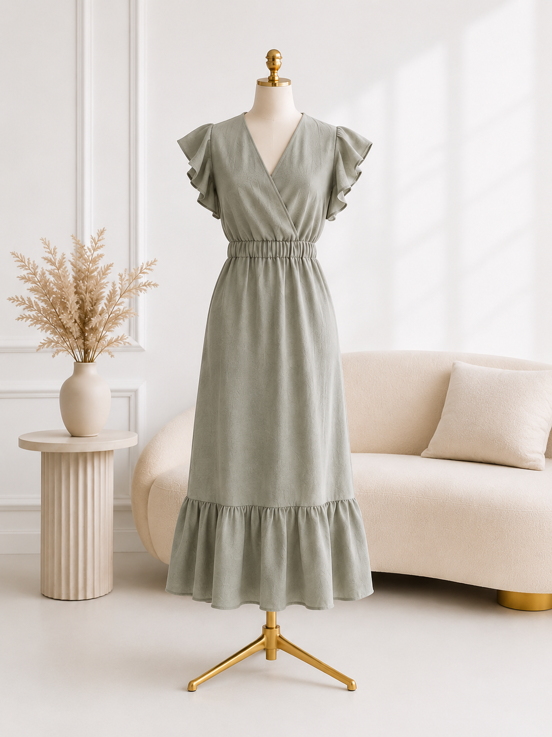 Rochie Midi din in - Kaki