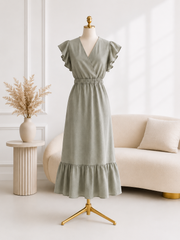 Rochie Midi din in - Kaki