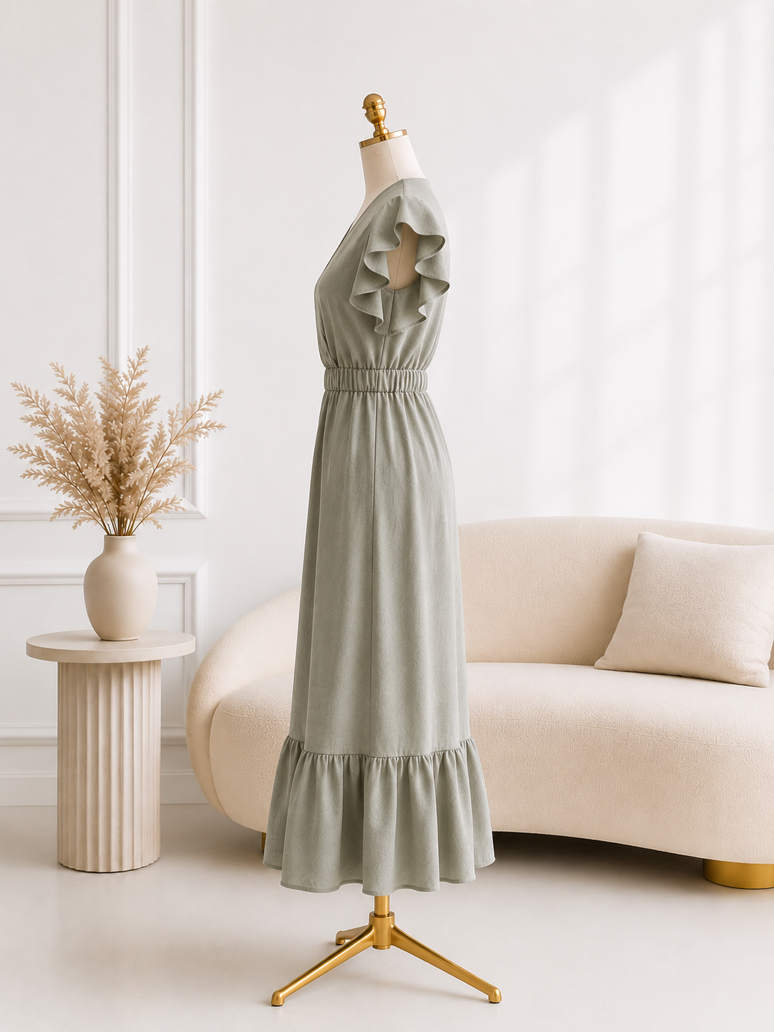 Rochie Midi din in - Kaki