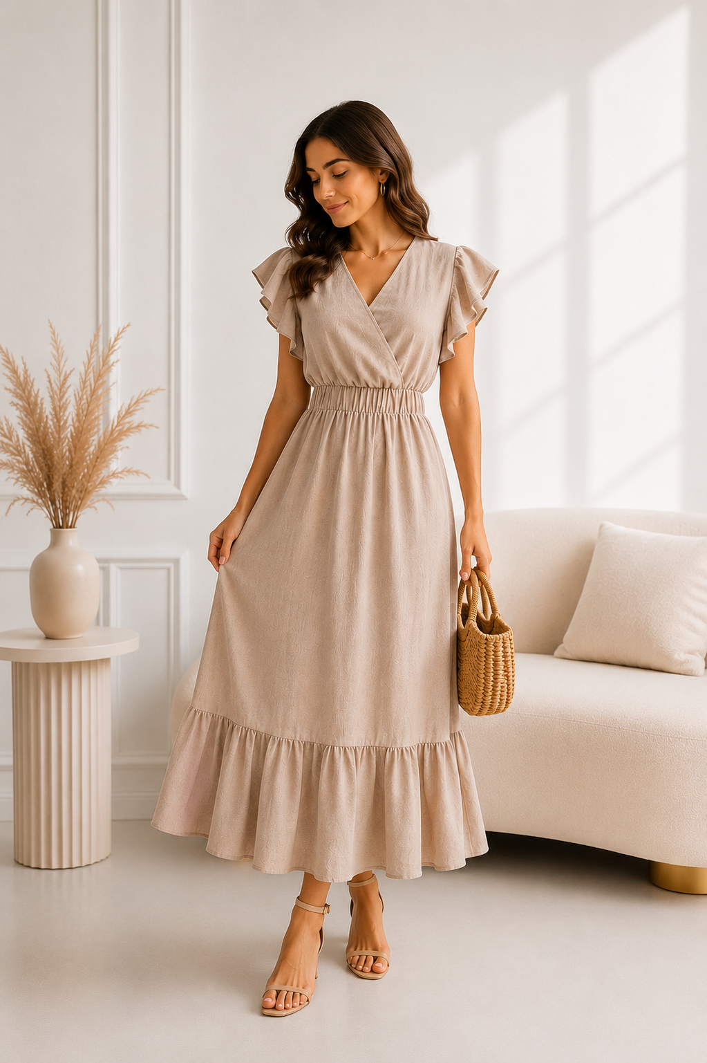Rochie Midi din in - Bej