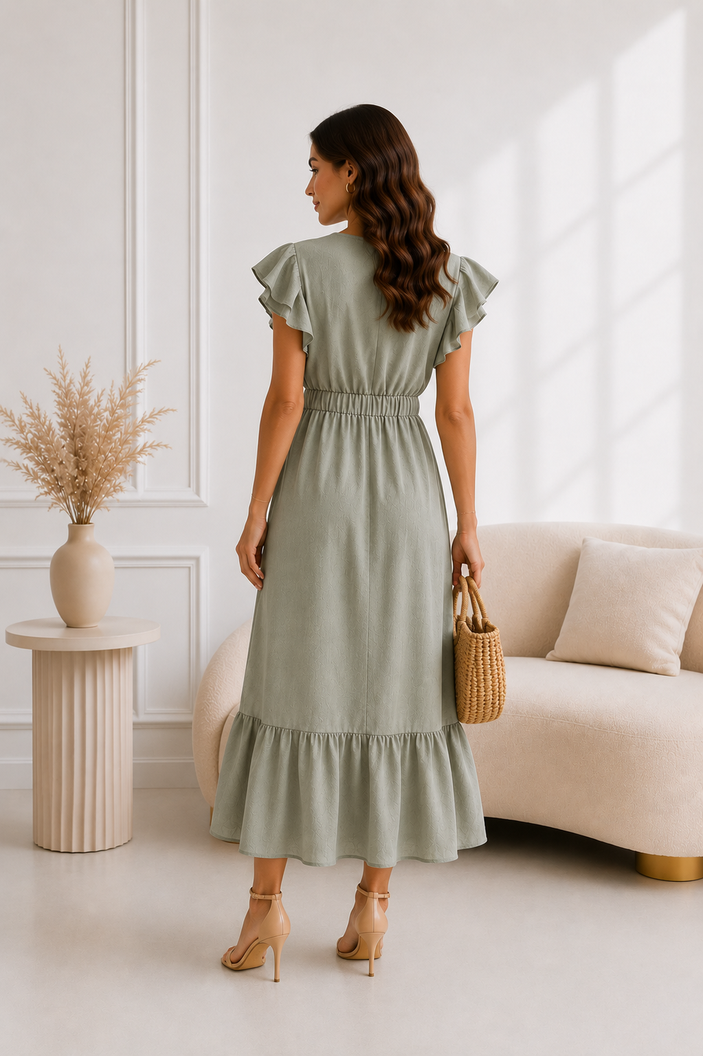 Rochie Midi din in - Kaki