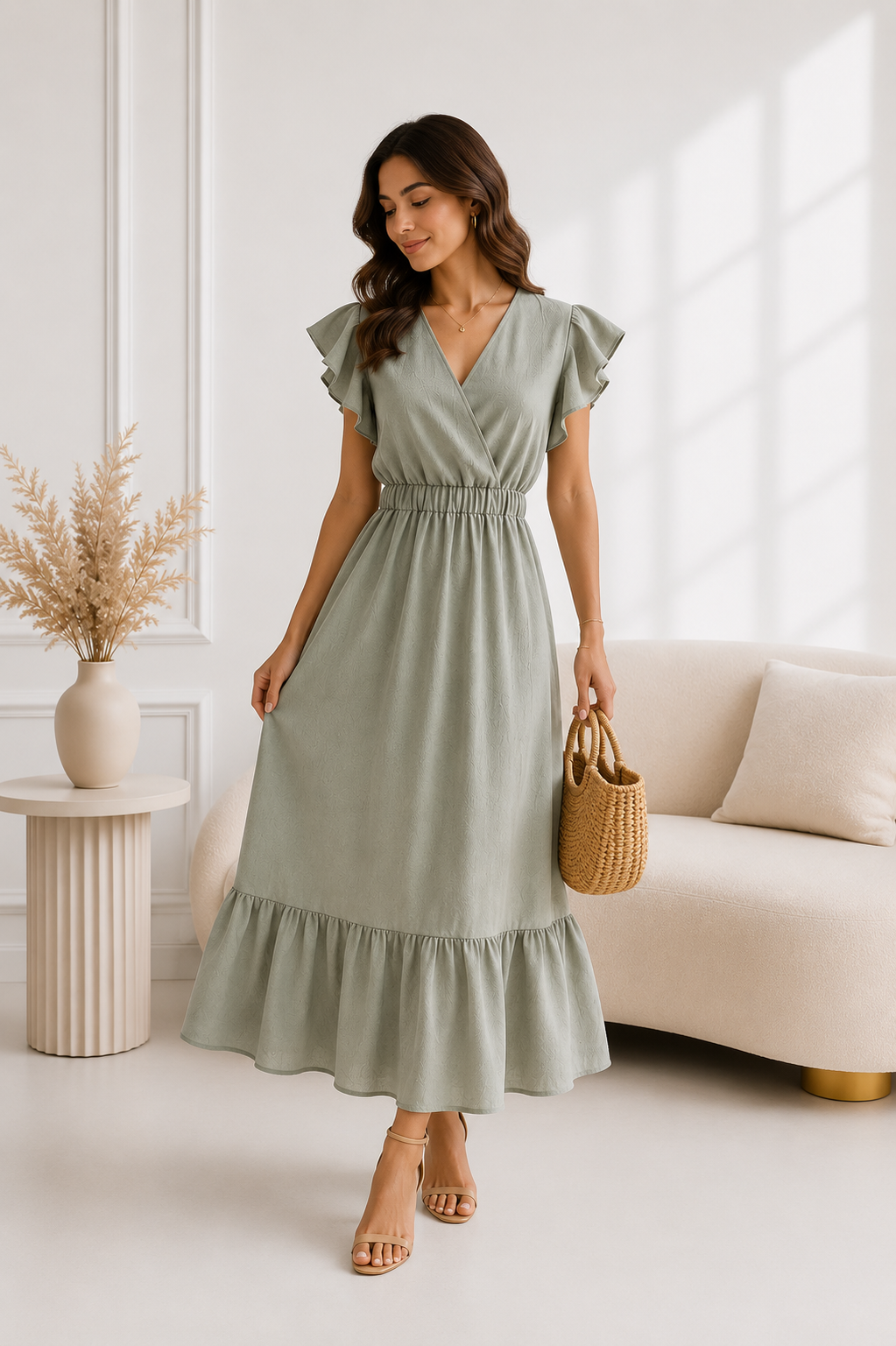 Rochie Midi din in - Kaki