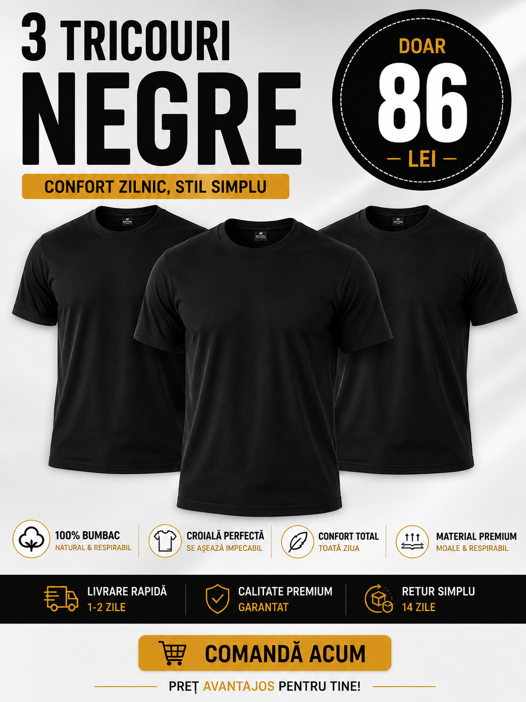 Set 3 Tricouri Negre BUMBAC UNISEX Barbati/Femei