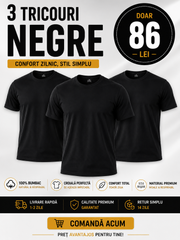 Set 3 Tricouri Negre BUMBAC UNISEX Barbati/Femei