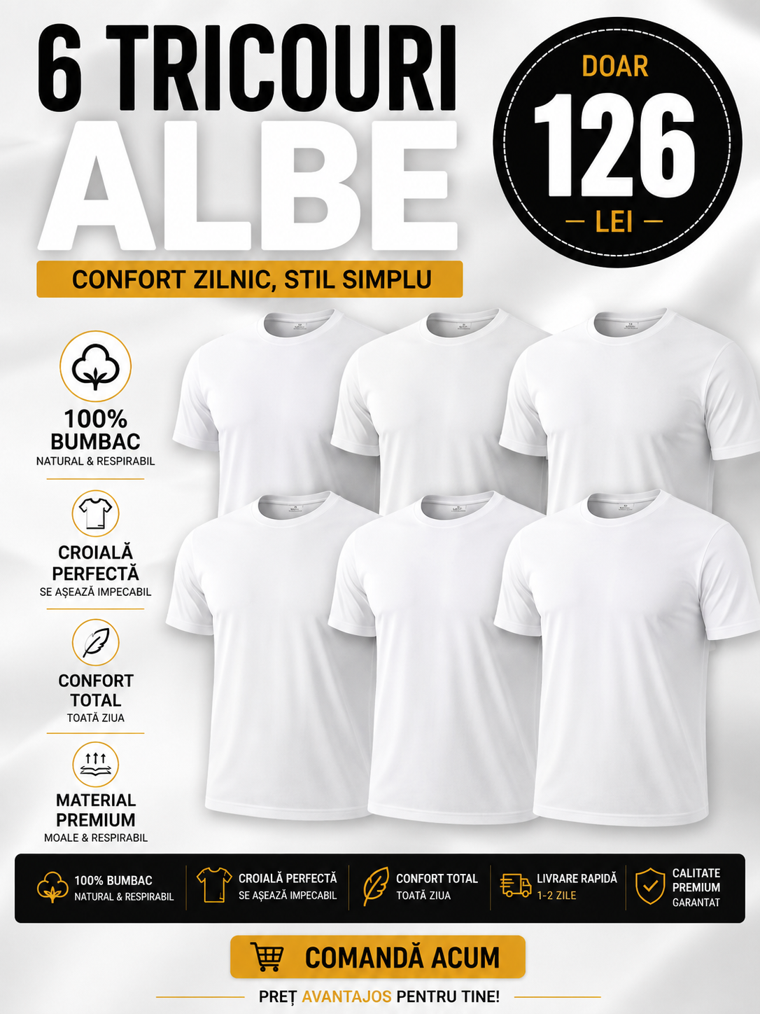 Set 6 Tricouri Albe BUMBAC UNISEX Barbati/Femei