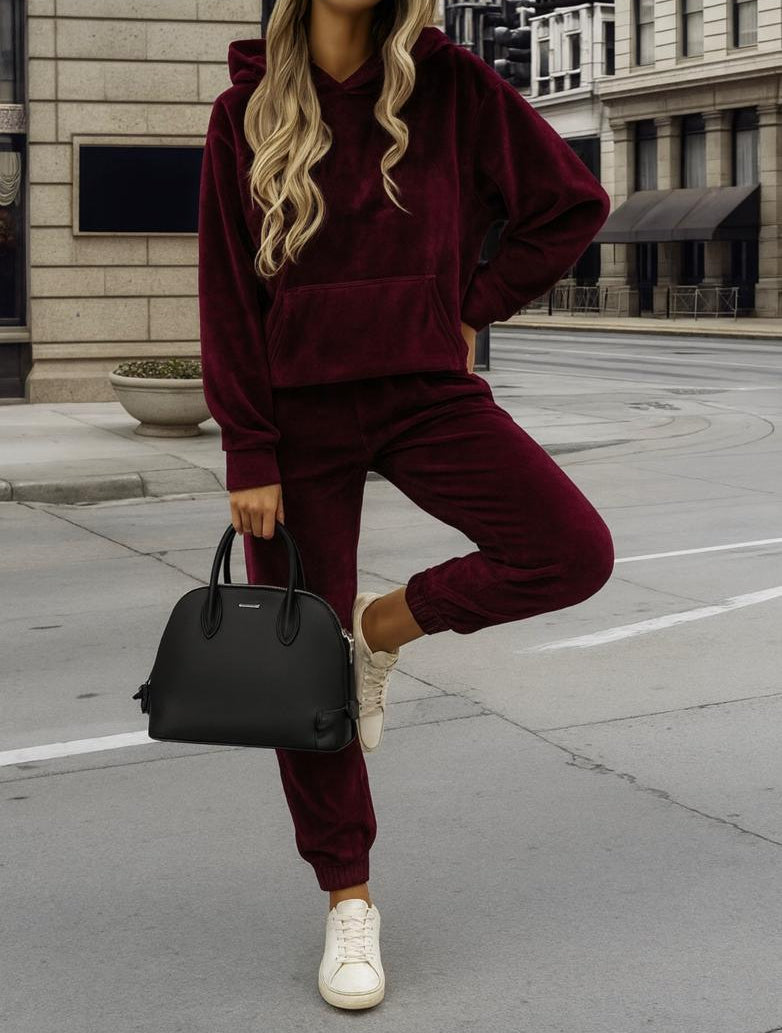 Trening Catifea Bordo - Set 2 Piese: Hanorac + Pantaloni