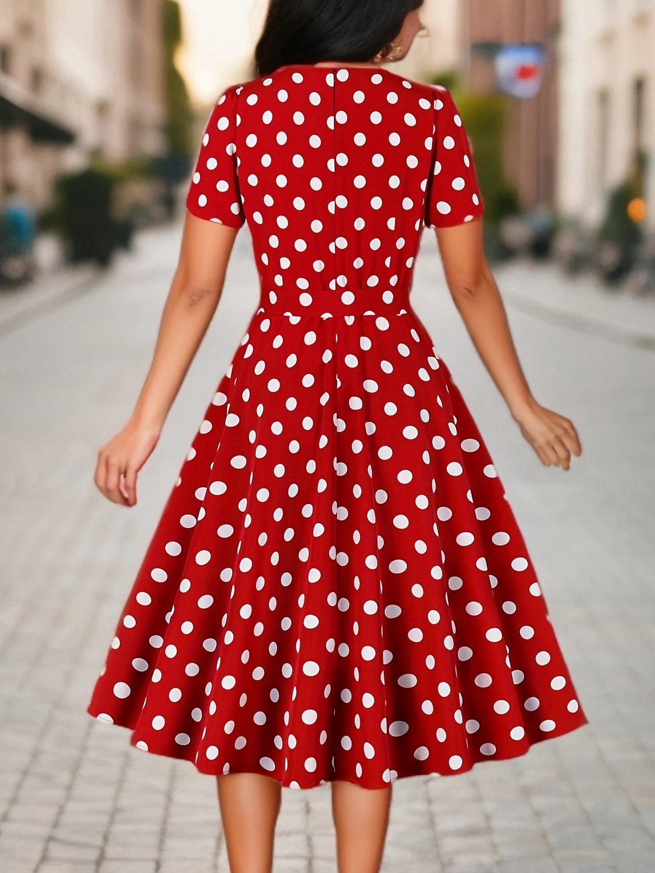 Rochie Roșie cu Buline Albe și Curea Reglabilă la Talie – Casual pentru Toate Sezoanele, Stil Versatil, Material Durabil