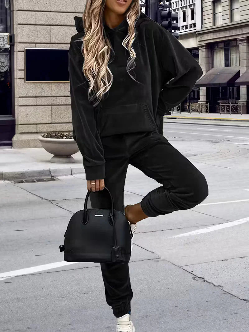 Trening Catifea Negru - Set 2 Piese: Hanorac + Pantaloni
